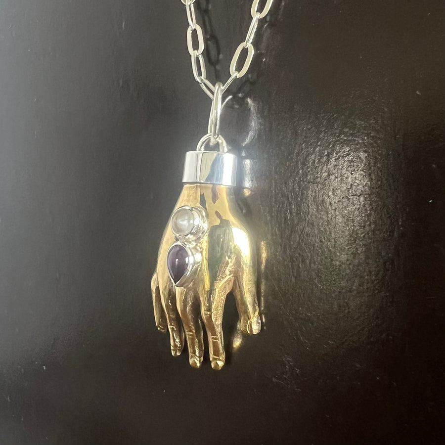 Nana Aba Hand Amulet moonstone and amethyst  cabochon